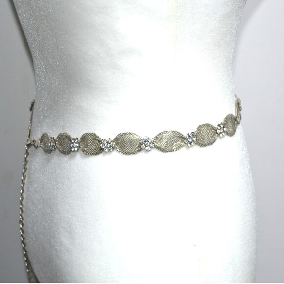 Silver Mesh Metal & Rhinestone Floral Belt Bridal main image 7